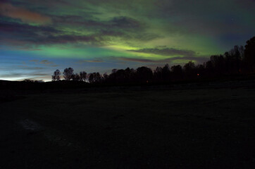 beautiful aurora borealis dancing over dark autumn forest