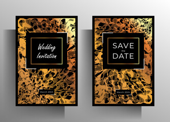 Wedding invitation template set. Gold and black graphic elements are hand-drawn. EPS 10 vector.