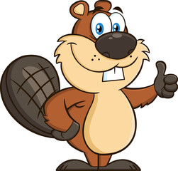 Beaver Cartoon Mascot Character Giving A Thumb Up. Vector Illustration Isolated On White Background