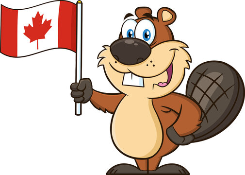 Cute Beaver Cartoon Mascot Character Holding A Canadian Flag. Vector Illustration Isolated On White Background