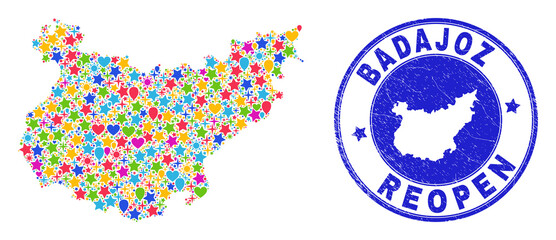 Celebrating Badajoz Province map mosaic and reopening rubber stamp seal. Vector collage Badajoz Province map is constructed from scattered stars, hearts, balloons.