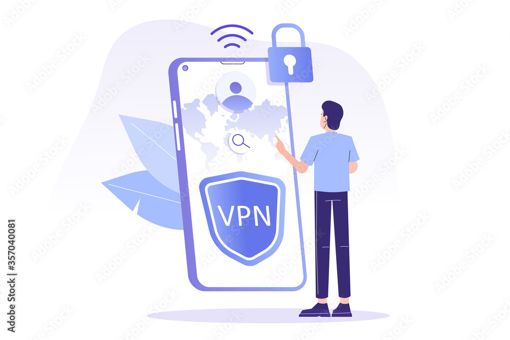 Poster vpn service concept. young man using vpn to protect his personal data in smartphone. virtual private