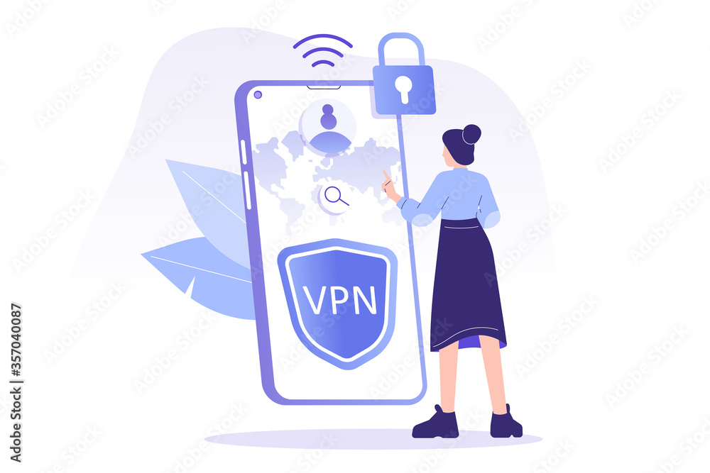 Poster vpn service concept. young man using vpn to protect his personal data in smartphone. virtual private