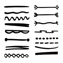 Hand drawn doodle pen brushes. Set of hand drawn grunge strokes.Handmade Set of Underline Strokes. Vector strokes in grunge marker style.