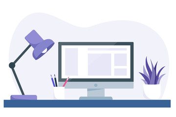 Modern workspace concept, computer on desk with light lamp, pen and pencil, succulent indoor plant. Freelance work at home. Vector illustration in purple and blue colors.