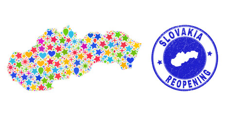 Celebrating Slovakia map mosaic and reopening rubber watermark. Vector mosaic Slovakia map is made of randomized stars, hearts, balloons. Rounded wry blue watermark with distress rubber texture.