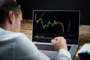 The young crypto and stock trader - investor is trying to prepare for next market collapse. Another crisis is coming and prices on the charts are falling down.