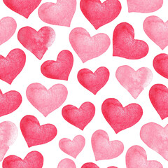 Red hearts background, seamless pattern, watercolor 
