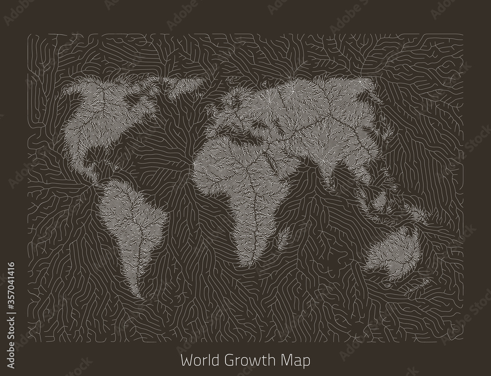 Poster vector world map. generative growth structure in form of continents. organic texture with geographic