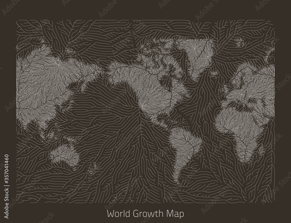 Poster vector world map. generative growth structure in form of continents. organic texture with geographic
