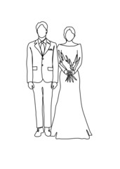 Drawing line, of newlyweds holding hands taking pre-wedding