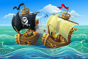 Naklejka premium Bitwa morska drewnianych statków. Atak piratów na statek handlowy. Ilustracji wektorowych.