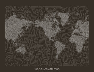 Vector world map. Generative growth structure in form of continents. Organic texture with geographic silhouettes. Americas centered