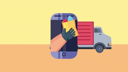 delivery service hands lifting groceries in smartphone animation