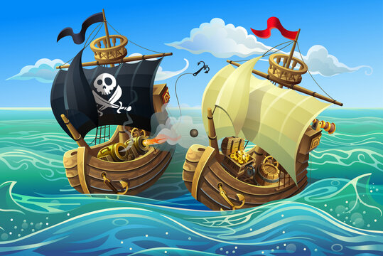 A sea battle of wooden ships. Attack of pirates on a merchant ship. Vector illustration.
