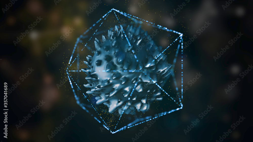 Poster virus safety barrier. 3d render of virus cell locked inside the polygonal frame floating in space.
