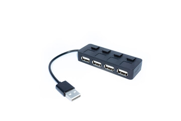 The USB adapter under the Type-C connector for laptop. Multi port station for laptop with multiple different ports. Small black USB hub. 