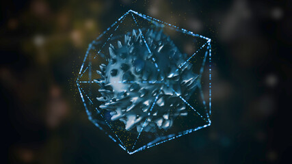 Virus safety barrier. 3d render of virus cell locked inside the polygonal frame floating in space.