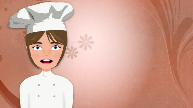 Cocinera hablando con fondo chocolate de flores