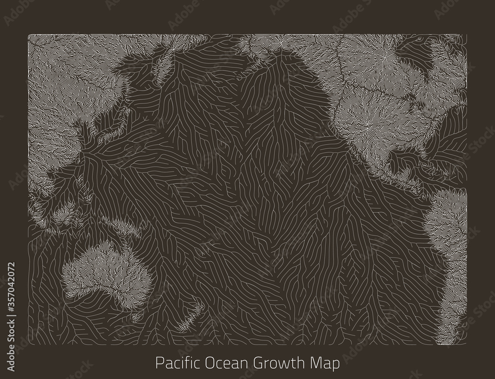 Poster vector pacific map. generative growth structure in form of continent. organic texture with geographi