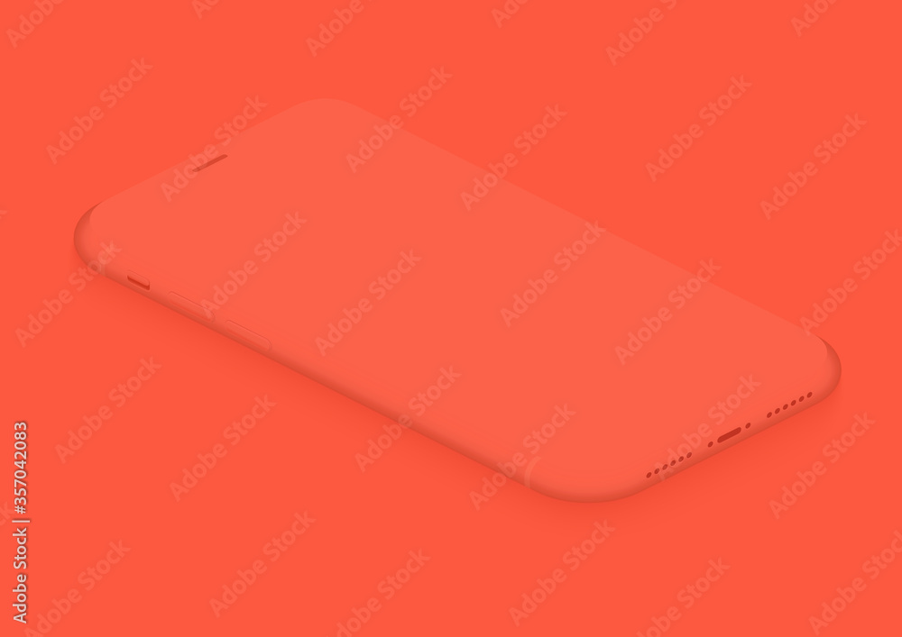 Poster Soft isometric coral orange vector smartphone. 3d realistic empty screen phone template for inserting any UI interface, advertisment, test presentation. Floating soft mock up design perspective view