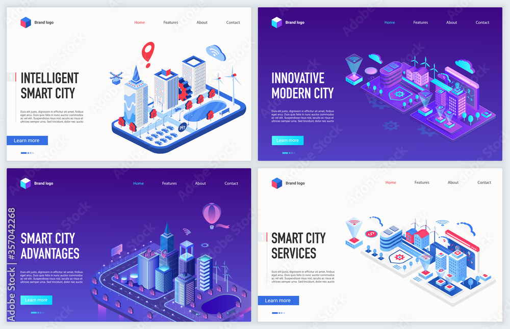 Poster Isometric smart city iot technology vector illustration. Creative modern concept banner set, website design with cartoon 3d map of cityscape using cyber infrastructure, artificial intelligence control
