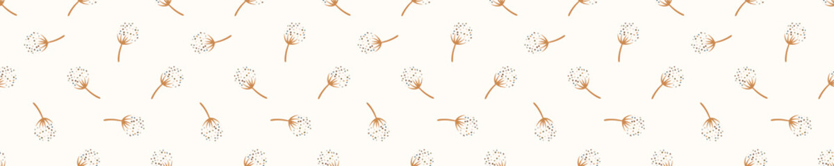  Seamless background dandelion seed banner. Gender neutral baby pattern. Simple whimsical minimal earthy 2 tone color. Kids nursery flower border or boho fashion tribbon trim © Limolida Studio