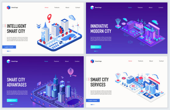 Isometric smart city iot technology vector illustration. Creative modern concept banner set, website design with cartoon 3d map of cityscape using cyber infrastructure, artificial intelligence control