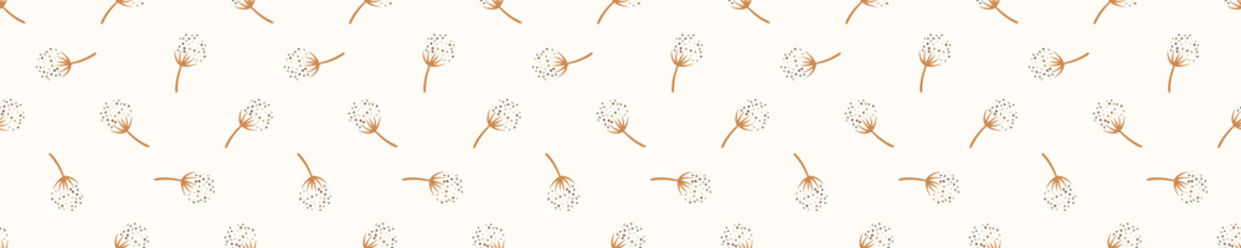 
Seamless background dandelion seed banner. Gender neutral baby pattern. Simple whimsical minimal earthy 2 tone color. Kids nursery flower border or boho fashion tribbon trim