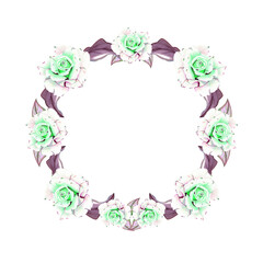 Round frame decorated with beautiful flowers, frame for invitations, wedding invitations, birthday.