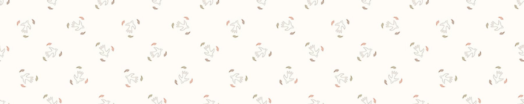 Seamless Background Flying Bird Banner. Gender Neutral Baby Border Pattern. Simple Whimsical Minimal Earthy 2 Tone Color. Kids Nursery Animal Decor Edging Fashion Ribbon Trim.