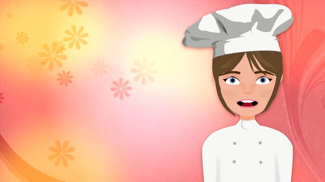 Cocinera animada hablando sobre fondo rosa de flores