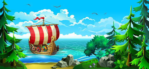 Wooden viking ship with striped sails. Vikings conquer new lands. Rocky coastline with firs and sandy beach. Vector illustration.