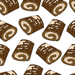 Chocolate cream cake seamless pattern. Sweet cartoon dessert. Endless texture for your design, announcements, postcards, posters, restaurant menu.