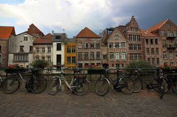 Bicycles in Ghent Belgium next to the river