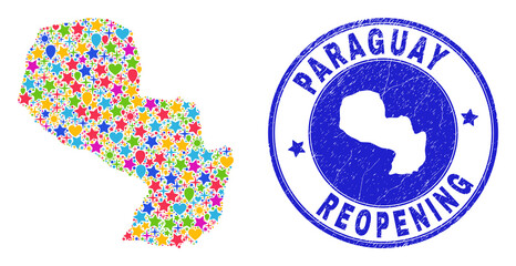 Celebrating Paraguay map collage and reopening rubber stamp seal. Vector collage Paraguay map is organized with randomized stars, hearts, balloons.