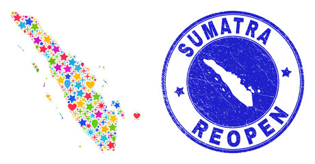 Celebrating Sumatra map collage and reopening scratched watermark. Vector collage Sumatra map is composed with scattered stars, hearts, balloons.