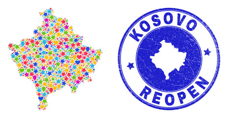 Celebrating Kosovo map collage and reopening grunge seal. Vector collage Kosovo map is composed of randomized stars, hearts, balloons. Rounded crooked blue watermark with grunge rubber texture.