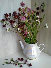 composition of white daisies, crimson and pink wildflowers in a pearl vintage teapot on a light...