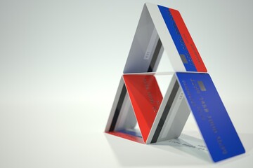 Flag of Russia on bank card house, fictional data. Financial instability related 3D rendering