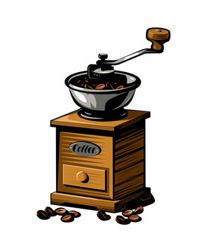 Classic coffee grinder in wooden case. Vector illustration