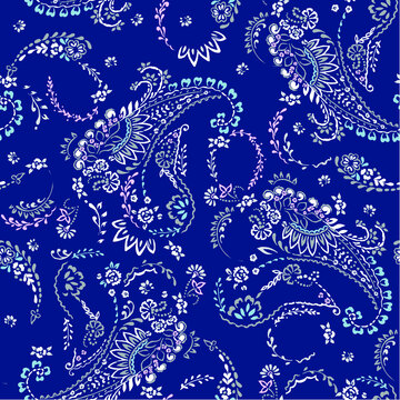 cute bohemian paisley print on blue - seamless vector background 
