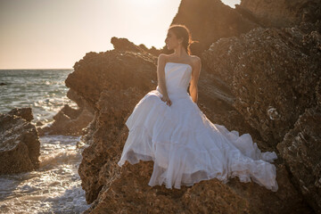 Wedding beach young couple sunset sand white happy sea waves