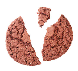 Chocolate chip cookie broken on a white background isolated. The view from top