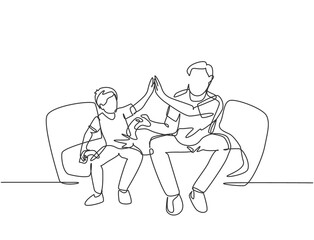 One single line drawing of fans siting on sofa watching their favorite American football club playing the match on television. Fans club concept. Continuous line draw design vector illustration
