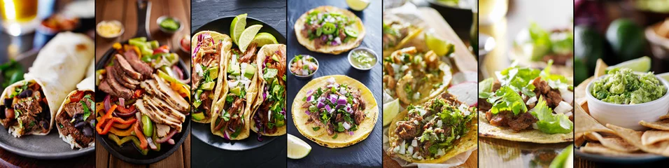 Papier Peint photo Lavable Manger collage de cuisine mexicaine avec tacos, fajitas et burritos
