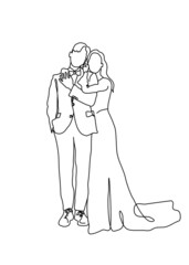 One continuous line drawing,  of newlyweds holding hands taking pre-wedding