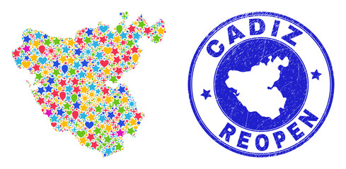 Celebrating Cadiz Province map mosaic and reopening grunge stamp. Vector mosaic Cadiz Province map is formed with randomized stars, hearts, balloons.