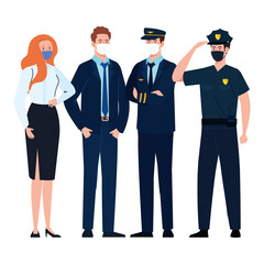 pilot businesspeople and police with masks design, Workers occupation and job theme Vector illustration