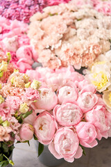 Floral carpet or Wallpaper. Background of mix of flowers. Beautiful flower for catalog or online store. Floral shop and delivery concept. Top view. Copy space